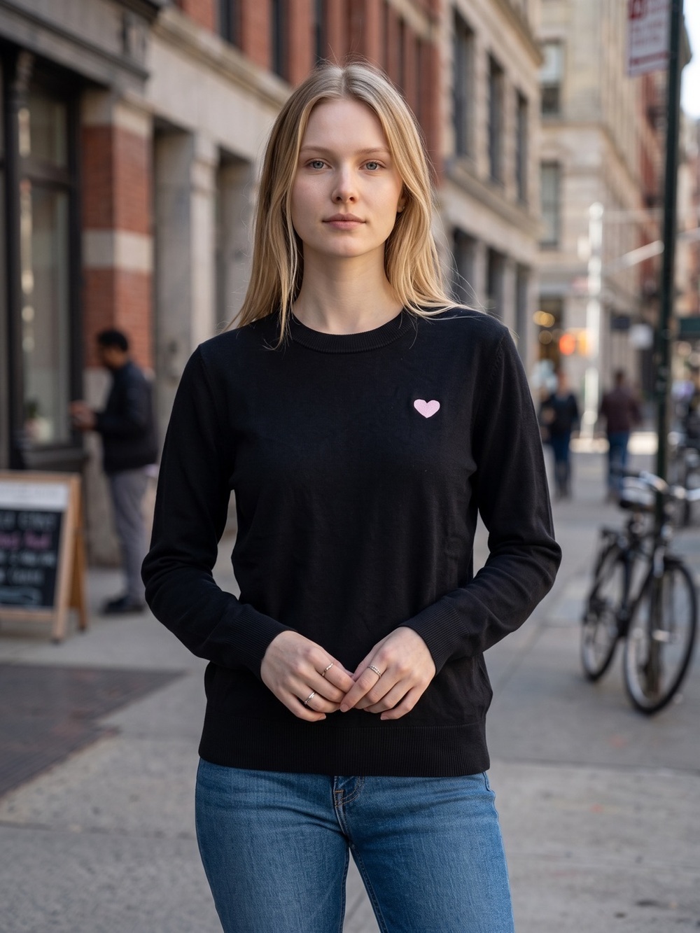 New MJDTJ 100% Merino Wool Black Crewneck Sweater with Pink Heart Size L